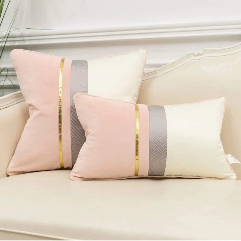Luxury Home | Chic Pink & Ivory Color Blocked Soft Velvet Throw Pillow Cover